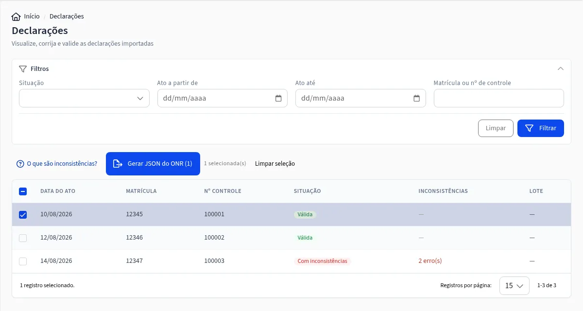 Tela do sistema DOIWeb com declarações recuperadas da DOI-Web, marcações de inconsistência e a geração do JSON.
